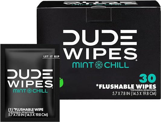 DUDE Wipes - On-The-Go Flushable Wipes - 1 Pack, 30 Wipes - Mint Chill Extra-Large Individually Wrapped Adult Wet Wipes - Eucalyptus & Tea Tree Oil - Septic and Sewer Safe