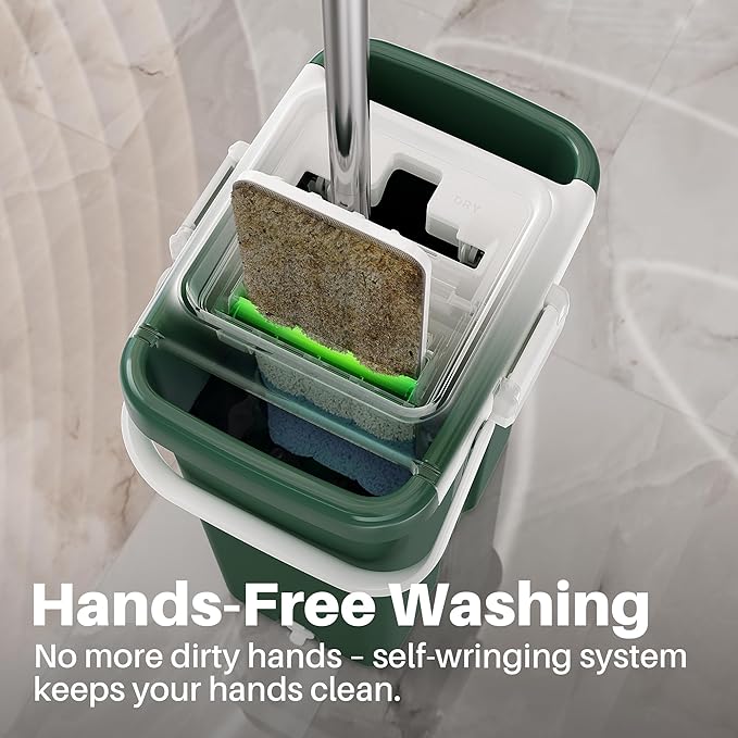 JOYMOOP Heavy Duty Commercial Mops for Floor Cleaning, Wet Dry Mop and Bucket Set with Large Capacity Forest Green Bucket, Includes 3 Reusable 17-Inch Microfiber Pads