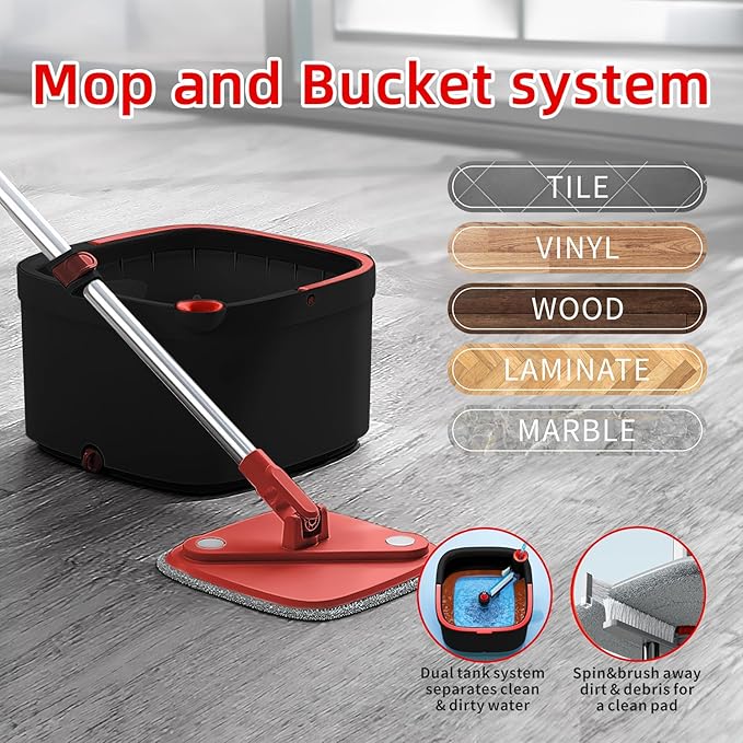 Spin Mop and Bucket Set with Separation Dirty and Clean Water System, Self Wringing 360° Rotating Clean Mop-Head and Bucket Set for Hardwood Tile Marble Floor with 6Pads-Black+Red