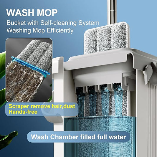 JOYMOOP Mop and Bucket with Wringer Set for Floor Cleaning and Wall Cleaner, Flat Mop and Bucket System Set with 2 Mops and 8 Large Microfiber Pads - White