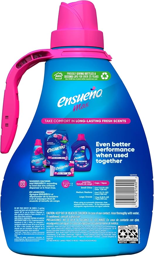 Ensueño - Max Liquid Fabric Softener- With Long-Lasting Freshener And Wrinkle Eliminating formula, Spring Fresh Scent - (125 oz) (Pack of 2)