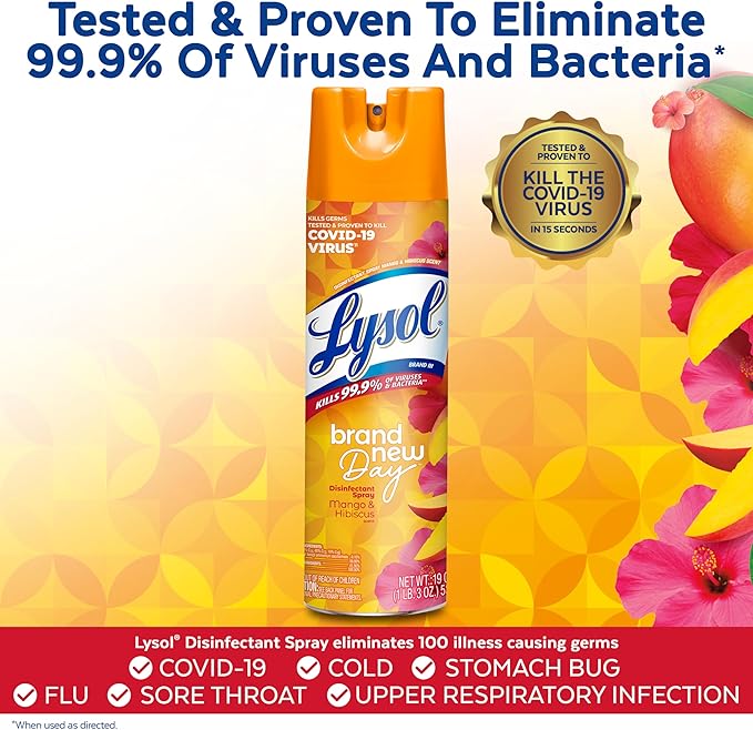 Lysol Disinfectant Spray, Sanitizing and Antibacterial Spray, For Disinfecting and Deodorizing, Mango & Hibiscus, 19 Fl. Oz (Pack of 2)