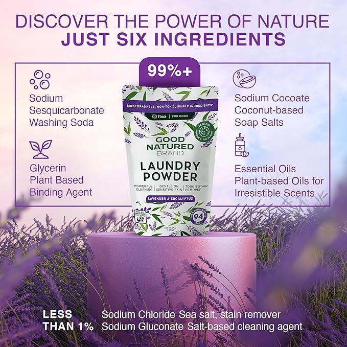 Good Natured Brand | Natural Laundry Detergent Powder | Washing Soda for Laundry | Tough Stain Remover | Hypoallergenic, Safe for Sensitive Skin | Eco-friendly | Lavender & Eucalyptus | 47oz 94 Loads