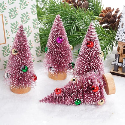Yookat 12Pcs Mini Christmas Trees Small Sisal Trees Mini Pine Trees with Wood Base Mini Bottle Brush Trees Artificial Mini Christmas Trees Assorted Color for Christmas Winter Decoration (Pink)