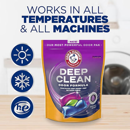 ARM & HAMMER™ Deep Clean Odor Formula Laundry Detergent Power Paks, Laundry Odor Remover, Radiant Burst Scent, 44 Count, 44 Loads (Pack of 4)