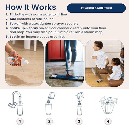 Floor Cleaner Kit - Plant-Based Mopping Solution (16oz Reusable Empty Bottle + Two Pouches, 3oz ea.) - DIY All-Surface Cleaner for Hardwood, Tile, Wood & Concrete