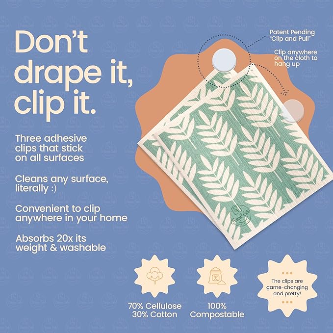 Harps&Seb Swedish Dishcloths for Kitchen Dish Towels - 6 Pack, Reusable Paper Towels with Clips, Super Absorbent Washable Non-Scratch Swedish Dish Towels, No Odor, Biodegradable
