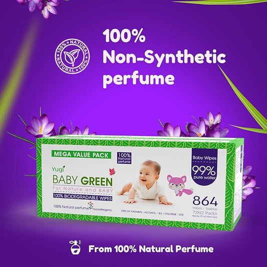 Yugi Green Baby Wipes with Essential Oils for Sensitive Skin & Nose Wipe. Plant-Based, and Organic, Plastic FREE, 864 Count (12 Packs of 72)
