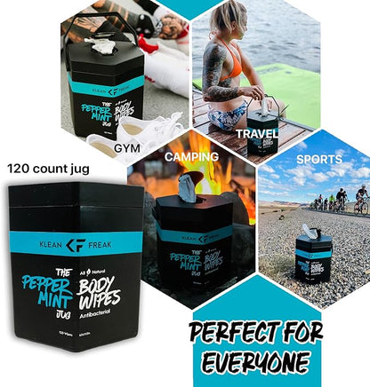Body Wipes - for Face and Body, No Water, Wipe Away Sweat and Odor, Large Textured, Travel, Gym, Camping and More, 120 Cnt Jug (Peppermint)