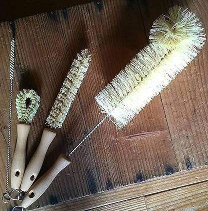 All Natural Bottle Brush and Straw Set (NO Plastic) Sisal Bristles and Wood Handle Bottle Cleaners for Washing Narrow Beer Bottles, Sports/Water Bottles, Tumbler, Kettles, Lid Brush, Long Straw Brush