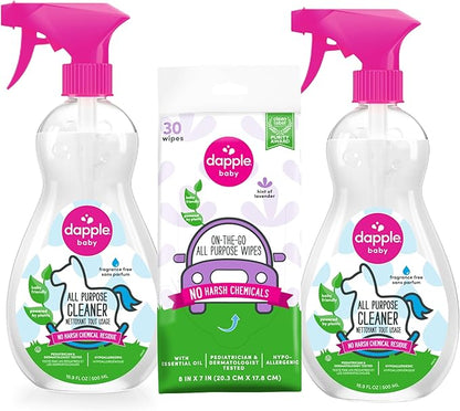 Dapple Baby All Purpose Cleaning Spray, Hypoallergenic for Toys, High Chairs, Swings, Counters, Powered by Plants, 1 Pump Included, Fragrance Free, 16.9 Fl Oz (Pack of 2) + 30 Count Wipes