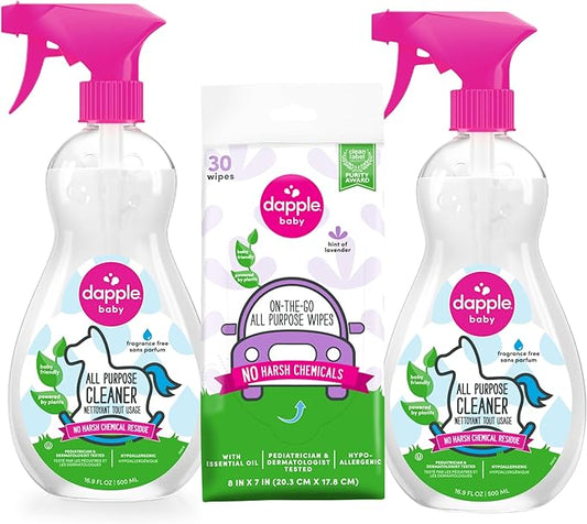 Dapple Baby All Purpose Cleaning Spray, Hypoallergenic for Toys, High Chairs, Swings, Counters, Powered by Plants, 1 Pump Included, Fragrance Free, 16.9 Fl Oz (Pack of 2) + 30 Count Wipes