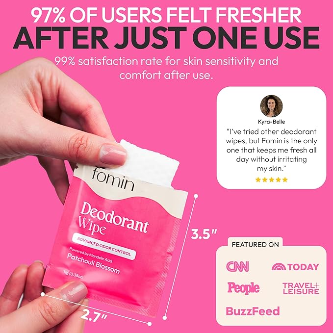 FOMIN Acidified Travel Deodorant Wipes For Women & Men - 50 Count - Patchouli Blossom - pH Balanced, Mini Deodorant Travel Size Wipes - Plastic-Free, Individually Wrapped Underarm Body Wipes