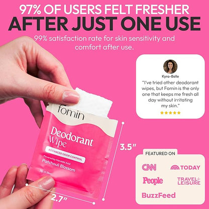FOMIN Acidified Travel Deodorant Wipes For Women & Men - 50 Count - Patchouli Blossom - pH Balanced, Mini Deodorant Travel Size Wipes - Plastic-Free, Individually Wrapped Underarm Body Wipes