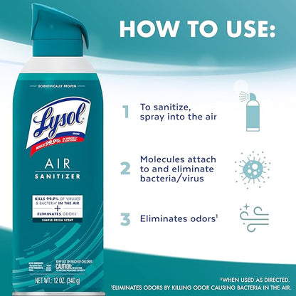 Lysol Air Sanitizer Spray + Odor Eliminator for Home & Office, Sanitizing Air Spray, Simple Fresh Scent, 10 oz (Pack of 3)