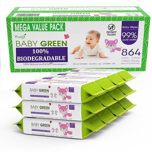 Yugi Green Baby Wipes with Essential Oils for Sensitive Skin & Nose Wipe. Plant-Based, and Organic, Plastic FREE, 864 Count (12 Packs of 72)