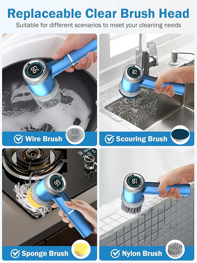 Electric Spin Scrubber,Cordless Electric Scrubber Electric Cleaning Brush with 3 Speeds shower cleaner,Battery Level Display 5 Replaceable Brush Heads,Cleaning Brush for Sink Bathroom Tub Floor Window