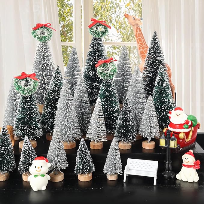 Mini Miniature Christmas Pine Tree Bottle Brush Trees Wooden Bases Tree for Your Village Desktop Xmas Holiday Party (Silver/Green 30pcs)