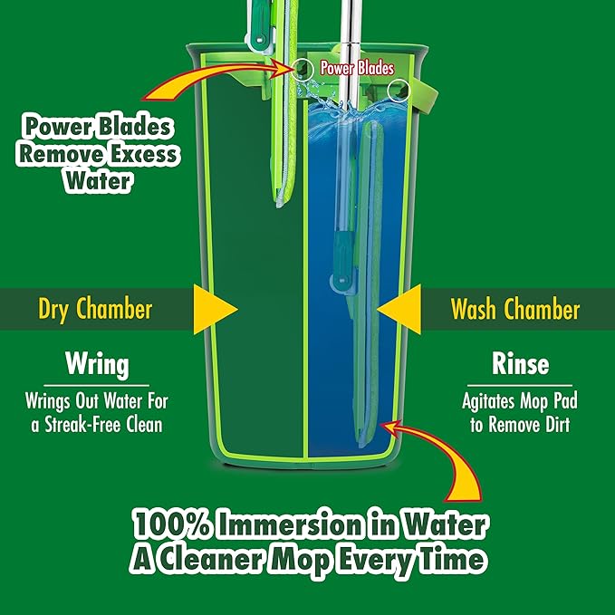 Libman Rinse 'n Wring Mop and Bucket System | Microfiber Floor Mop | Hardwood Floor Cleaner | Wet & Dry Mop | Clean & Dirty Water Chambers | Power Blades | 2 Total Microfiber Pads,Green