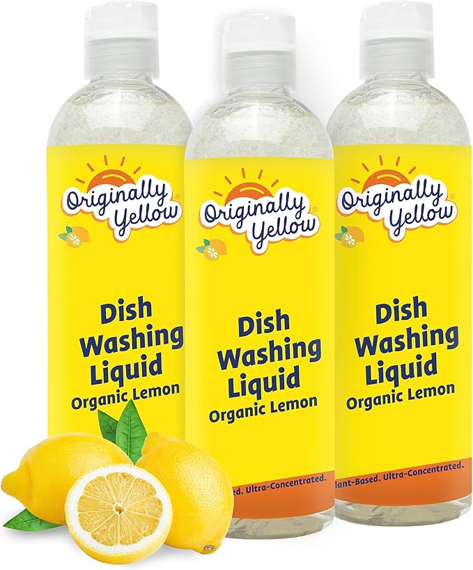 Originally Yellow Plant-Based Dish Soap Infused with Organic Lemon | Quick-Drying Dishwashing Liquid Removes Dirt and Grease | Streak-Free Dish Soap, 16 Fl Oz (3-Pack)