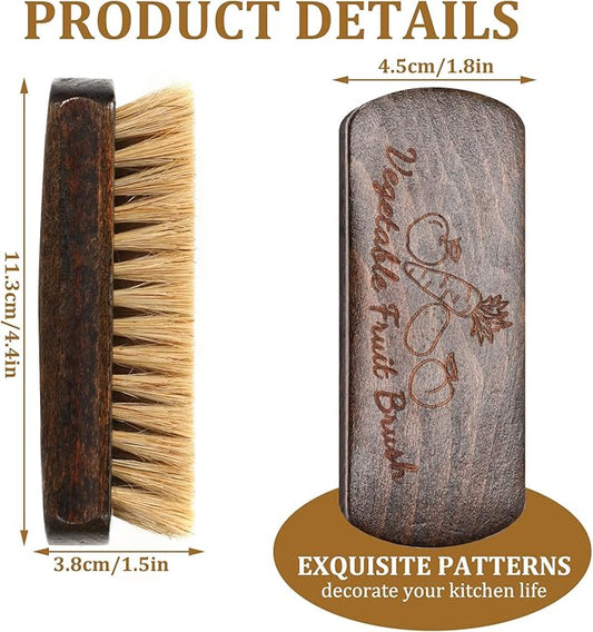 Vegetable Brush Set - 2 Pack, Potato Scrubber, Carrot, Corn & Mushroom Brush with Wood Handle