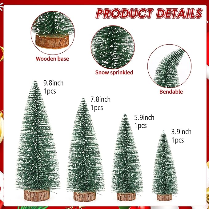 Mini Christmas Tree Christmas Decor Artificial Christmas Decorations 4Pcs, Bottle Brush Trees Christmas Table Decorations with Wooden Bases for Xmas Holiday Party Home Tabletop Tree Decor (Green 4pcs)
