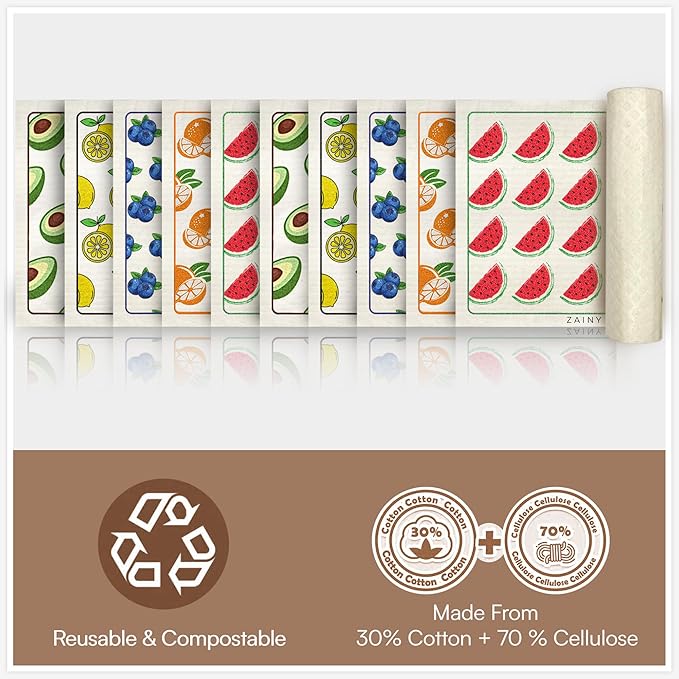 ZAINY 10 Swedish Dishcloths for Kitchen, Gifts for Mom and Mothers, Swedish Dish Cloths Reusable Paper Towels Washable, Cellulose Sponge Cloth & Cleaning Towel for Washing Dishes, Washcloths - Fruits