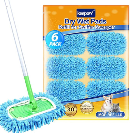 KEEPOW 2+6 Pack Reusable Wet Pads Refills Compatible with Swiffer Sweeper Mop, Microfiber Wet Mopping Cloths for Hardwood Surface Floor Cleaning, Washable Mop Pads & Dry Sweeping Cloths