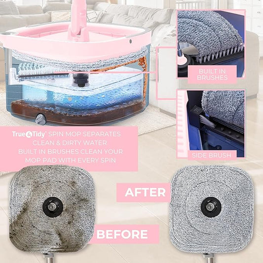 True & Tidy® True Clean Mop and Bucket System, Includes Square Spin, Dual Compartment Mop Bucket and 2 Thick Machine Washable Pads New Upgraded with Side Brush & Self Standing Handle, Rose