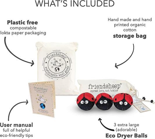 Wool Dryer Balls by Friendsheep 3 Pack XL Organic Premium Reusable Cruelty Free Handmade Fair Trade No Lint Fabric Softener Ladybug Trio
