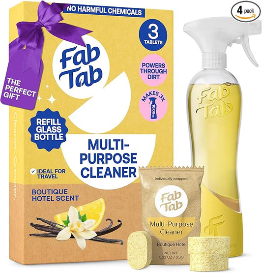 Multi Purpose Cleaner Cleaning Tablets, Eco-Concious Refillable Glass Bottle System with Boutique Hotel Scent, Safe For Family and Pets - Chemical-Free, Plastic-Free - 3 Count