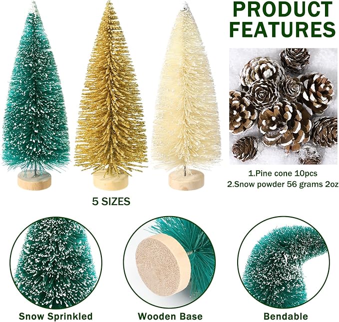 Set of 35PCS Mini Christmas Tree, Christmas Pine Cones, 2oz Fake Snow Powder, Mixed Christmas Decoration, Xmas Village Displays Winter DIY Crafts (Green-Golden-Beige)