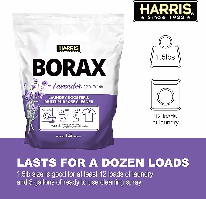 Harris Borax Powder Hard Water Laundry Booster and Multi-Purpose Cleaner, 1.5lb, Pure Essential Oils, No Artificial Fragrance (Lavender)