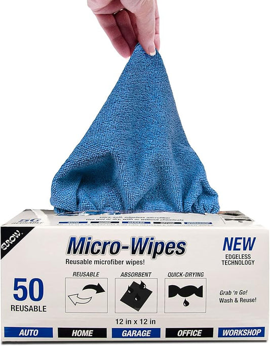 Eurow Reusable Microfiber Cleaning and Drying Wipes with Dispenser Box, 200GSM, 12 by 12 Inches, Pack of 50 - Blue