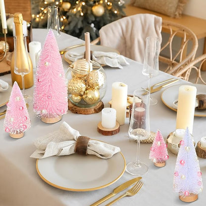 Leyndo 9 Pcs Pink Pearl Color Mini Sisal Bottle Brush Trees Small Artificial Christmas Tree with Wood Base Christmas Pine Decor for Winter Home Table Party Decor