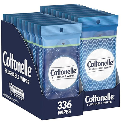 Cottonelle Flushable Wipes, 24 Individually Wrapped Packs, 14 Wipes Each Pack (336 Wipes Total)