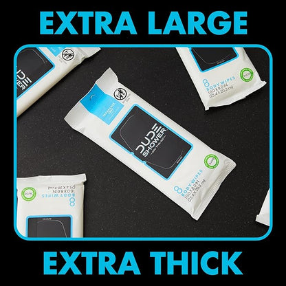 DUDE Wipes - On-The-Go Shower Wipes - 1 Pack, 8 Wipes - Unscented Extra-Large Wipes - Vitamin E & Aloe - Full Body Shower Replacement Wipes