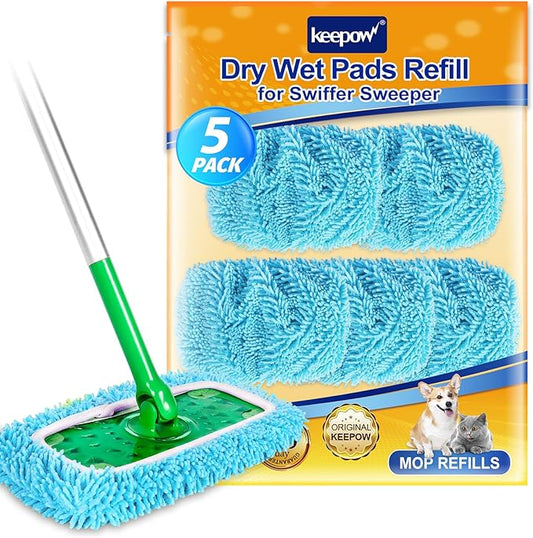 KEEPOW Dry Sweeping Cloths Microfiber Wet Mop Pads Refill Compatible with Swiffer Sweeper Mop Replacement Sweeping Mopping Pad Refills for Hardwood Surface Floor Cleaning, 5 PCS