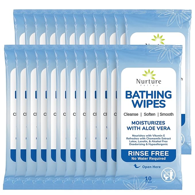 Nurture Rinse Free Bathing Wipes for Adults w/Aloe | Waterless Cleansing for Sensitive Skin | Disposable Adult Body Bath Wet Wipe for Disabled, Bedridden | 192 wipes