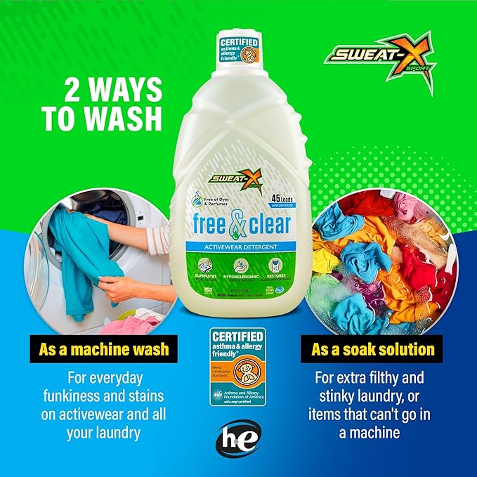 Sweat X Free & Clear Activewear Laundry Detergent – Certified Asthma & Allergy Friendly® – Hypoallergenic – Remove the Worst Odors & Toughest Stains – High-Performance Sports Wash – 45 Loads – 1 Pack