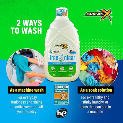 Sweat X Free & Clear Activewear Laundry Detergent – Certified Asthma & Allergy Friendly® – Hypoallergenic – Remove the Worst Odors & Toughest Stains – High-Performance Sports Wash – 45 Loads – 1 Pack