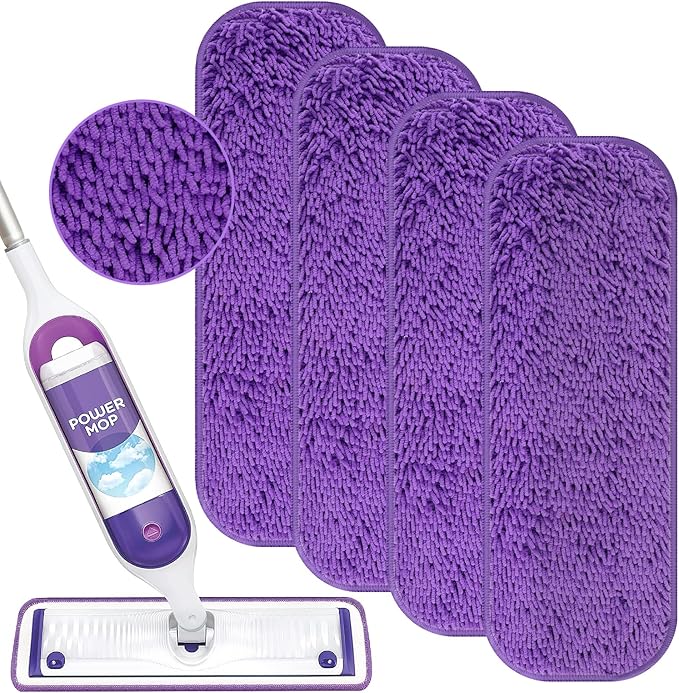 Reusable Power Mop Refill Pads for Swiffer Power Mop Starter Kit - Swifter Powermop Pads Refills - Multi-Surface & Wood Mopping Pad Refil for Floor Cleaning - Washable Microfiber Pad, 4 Pack