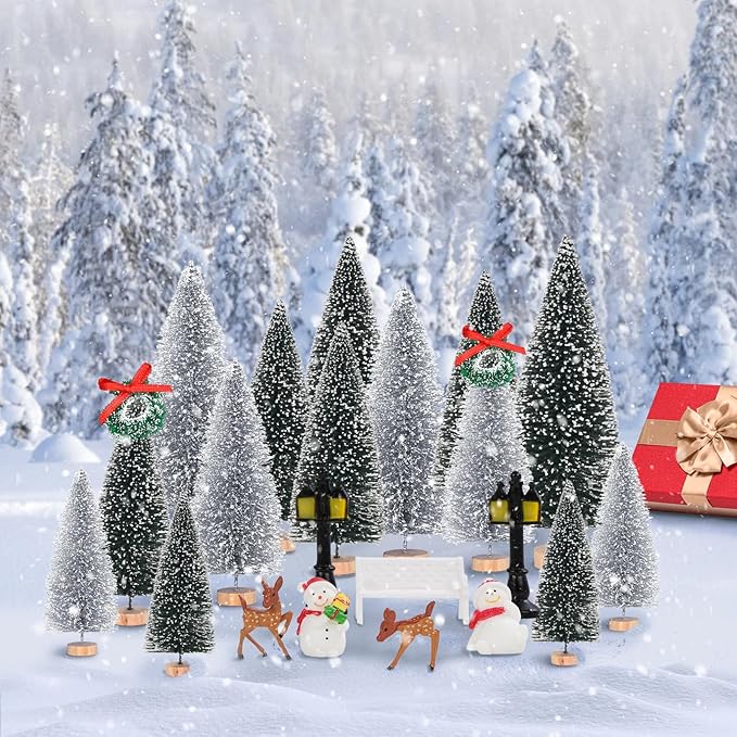 Waipfaru Christmas Village Accessories, 30 Pcs Christmas Village Display Platforms with Snowman, Mini Bottle Brush Christmas Trees, Miniature Small Pine Trees for Xmas Table Winter Decor