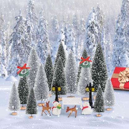 Waipfaru Christmas Village Accessories, 30 Pcs Christmas Village Display Platforms with Snowman, Mini Bottle Brush Christmas Trees, Miniature Small Pine Trees for Xmas Table Winter Decor