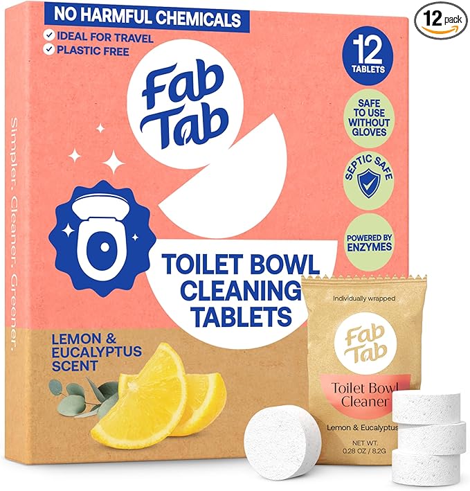 Toilet Bowl Cleaner Tablets, Plant Based Toilet Bowl Cleaner, Septic Safe, Plastic Free, No Harmful Chemicals, Lemon & Eucalyptus Scent, Individually Wrapped, Powerful Cleaning - 12 Tablets