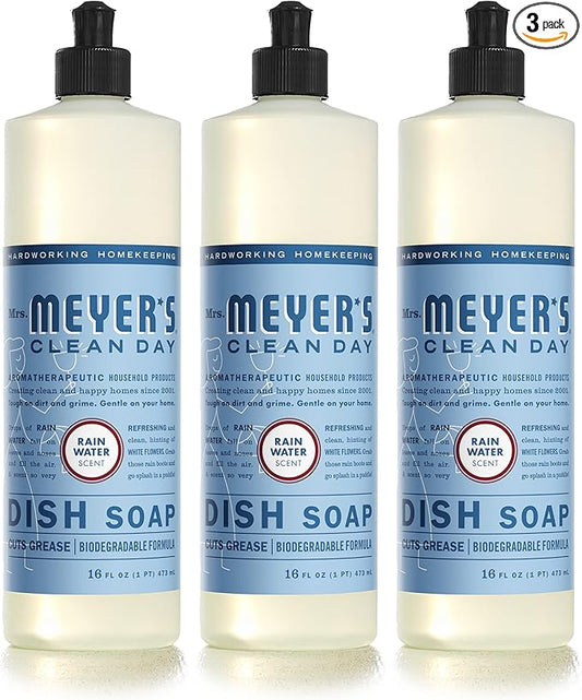 MRS. MEYER'S CLEAN DAY Liquid Dish Soap, Biodegradable Formula, Rain Water, 16 fl. oz - Pack of 3