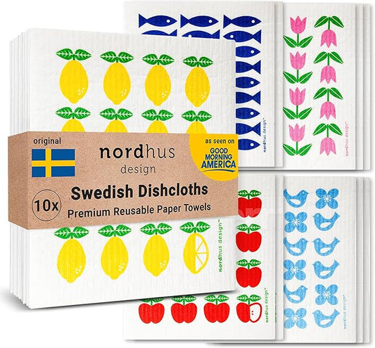 Nordhus Design Swedish Dishcloths, 10 Reusable Paper Towels, Made in Sweden - Reusable, Washable Cellulose Cotton Kitchen Cloths - Biodegradable, Absorbent & Quick Drying