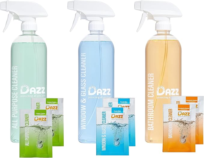 DAZZ Whole House Starter Kit (3 Reusable Spray Bottles, 6 Refills) Natural All Purpose Cleaner, Glass and Window Cleaner, and Bathroom Cleaner - Eco Friendly, Non Toxic
