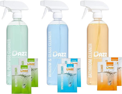 DAZZ Whole House Starter Kit (3 Reusable Spray Bottles, 6 Refills) Natural All Purpose Cleaner, Glass and Window Cleaner, and Bathroom Cleaner - Eco Friendly, Non Toxic