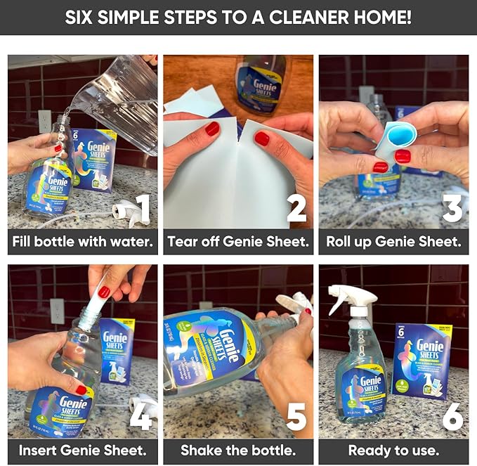 Genie Sheets Glass & Mirror Cleaner | 1 Bottle with Foaming Sprayer + Concentrate Makes 6 24oz Refills | Professional-Strength | Just Add Water | Sustainable EcoFriendly Plant-Based
